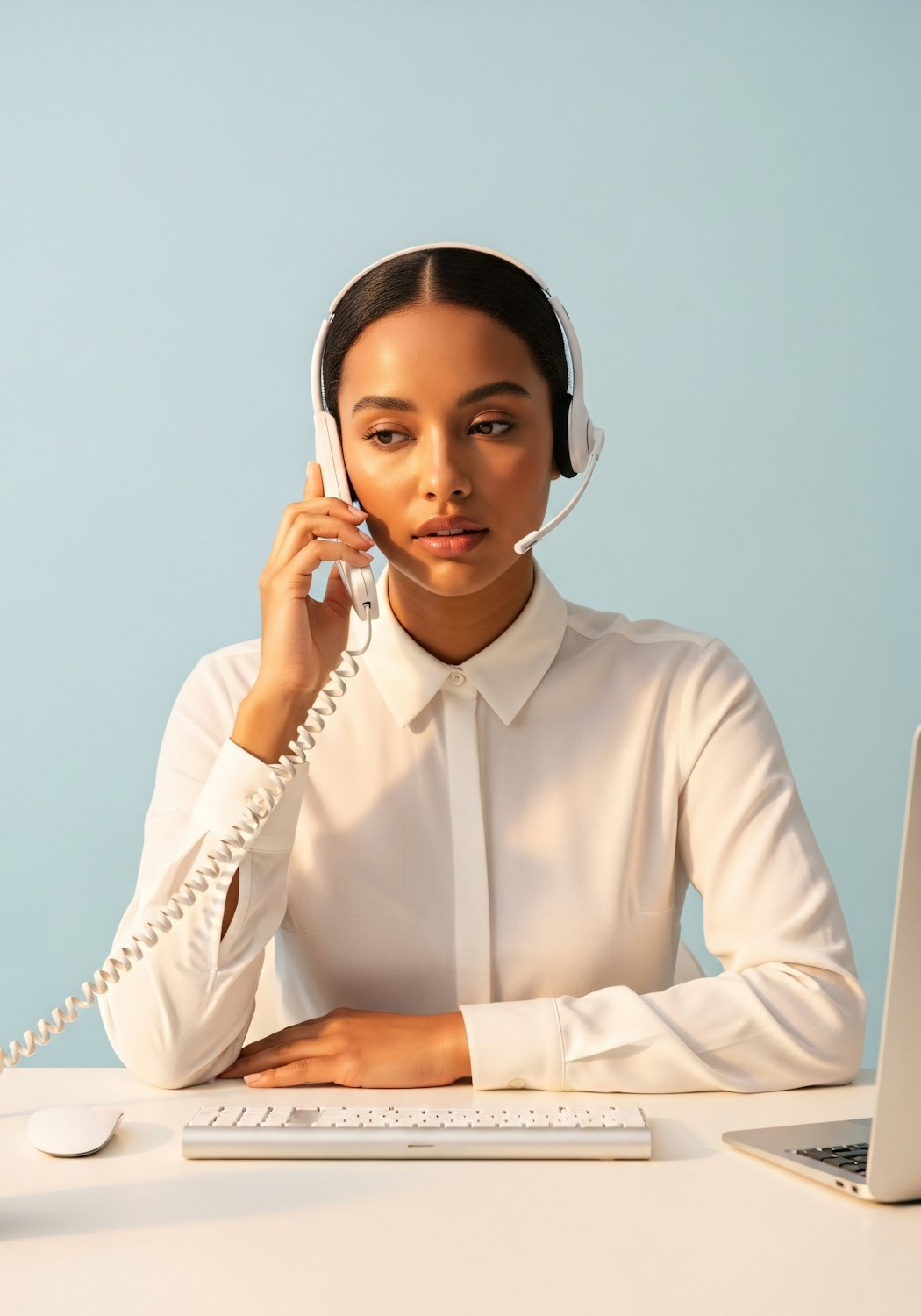 A beemore support agent at her desk